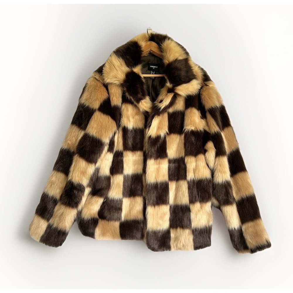 Forever 21 Men's Tan & Brown Faux Fur Checker Check Furry Snap Jacket Size M